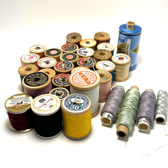 Vintage Thread On Wooden Spools Lot of 32 - Picture 1 of 12